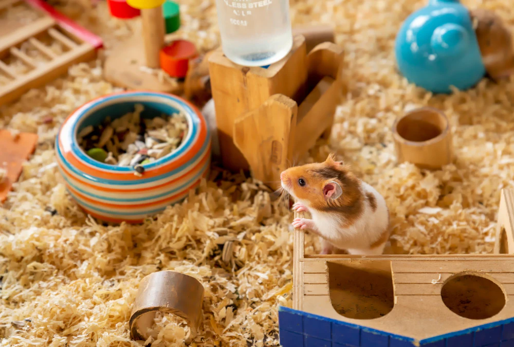 Fluffy Syrian Hamster with a wooden hamster house in a cage.