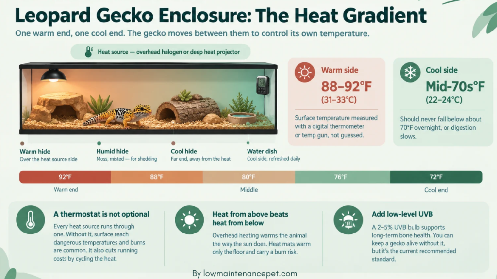 Infographic of a leopard gecko enclosure showing the warm and cool side temperatures and two hides