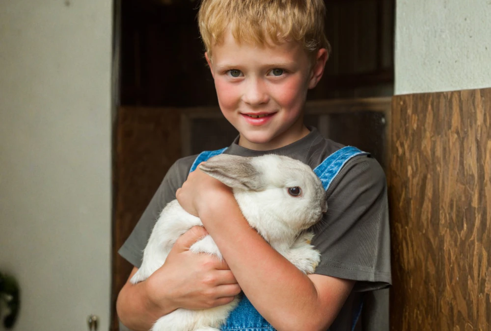 a boy hugging his white rabbit