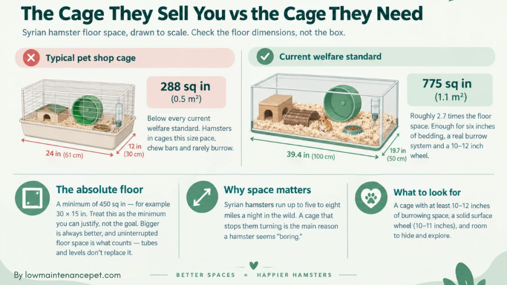 Infographic comparing a small pet shop hamster cage with the recommended 100 by 50 centimetre minimum