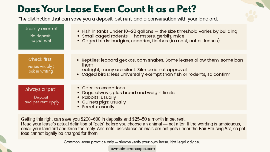 Chart showing which apartment pets are usually exempt from pet fees — fish, hamsters, gerbils and caged birds — versus those always charged, like cats and dogs